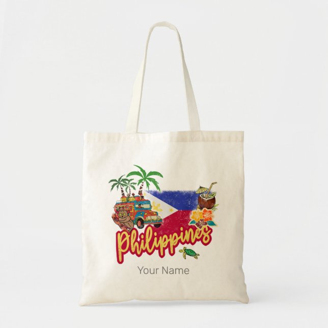Philippines Vintage Tarsier Flag Palm Souvenir Tote Bag (Front)