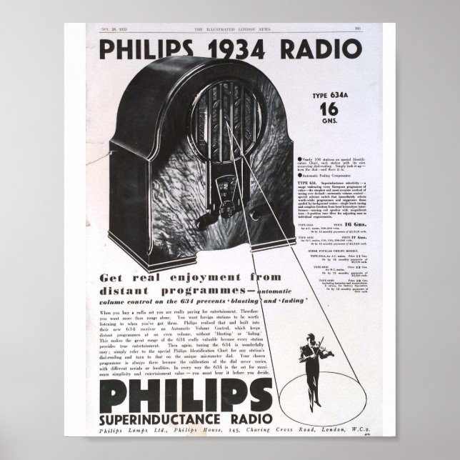 Philips 1934 antique radio retro advertisement poster (Front)