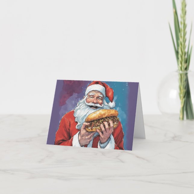 Philly Christmas with Santa eating cheesesteak Holiday Card (Front)