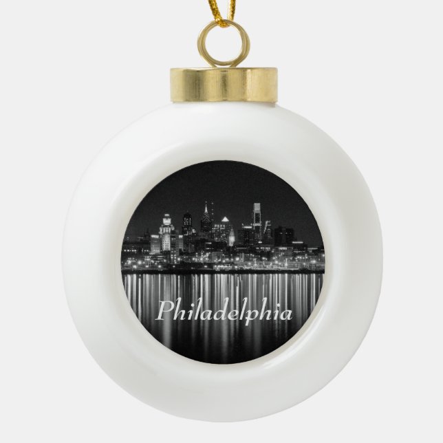 Philly night b/w ceramic ball christmas ornament (Front)