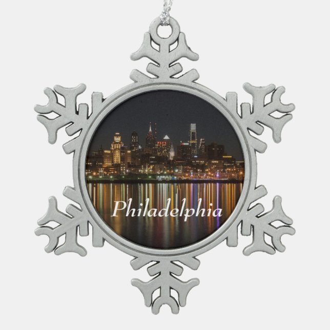Philly night snowflake pewter christmas ornament (Front)