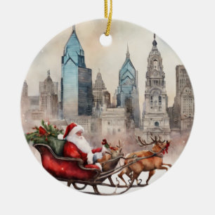 Philly Skyline with Santa & Reindeer Ceramic Tree Decoration