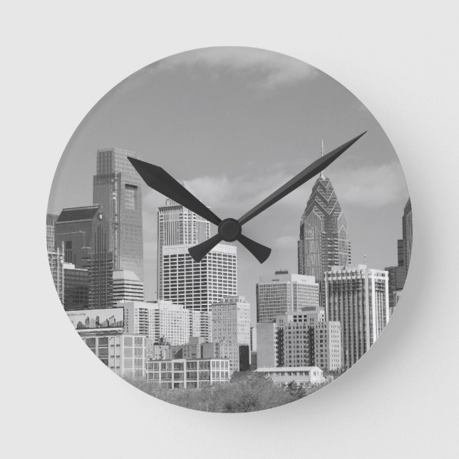 Philly skyscrapers black and white round clock (Front)