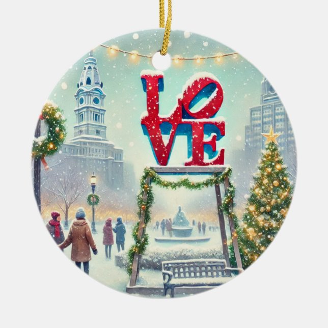 Philly's LOVE Park at Christmas Holiday Ceramic Tree Decoration (Front)