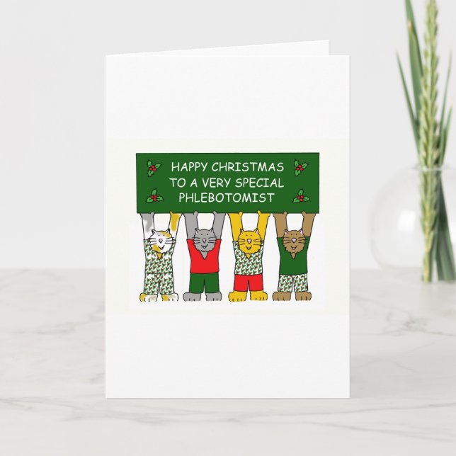 Phlebotomist Happy Christmas Cartoon Cats Holiday Card (Front)