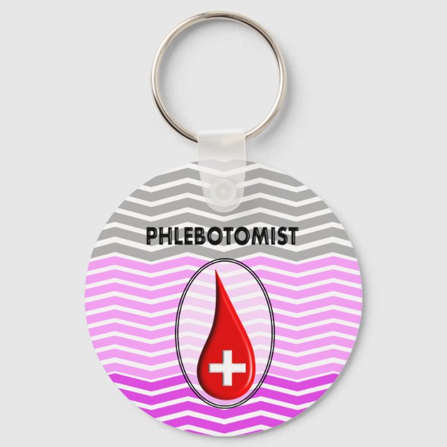 Phlebotomist Pink Chevron Blood Drop Key Ring (Front)
