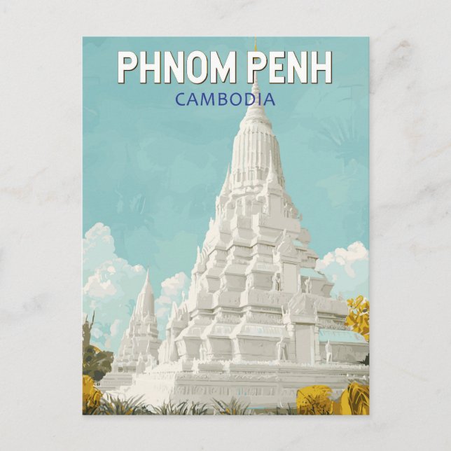 Phnom Penh Cambodia Illustration Travel Art Retro Postcard (Front)