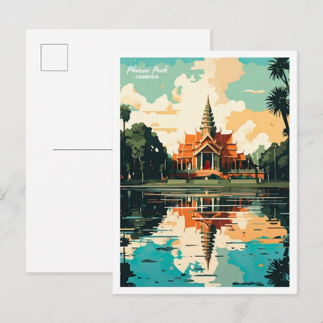 Phnom Penh Cambodia Vintage Travel Illustration Postcard (Front/Back)
