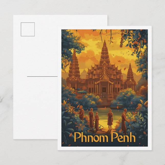 Phnom Penh Cambodia Vintage Travel Illustration Postcard (Front/Back)