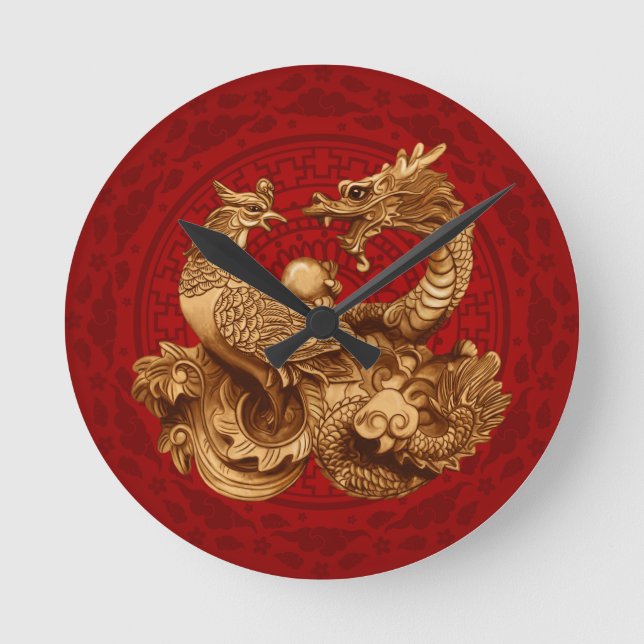 Phoenix and Dragon - on red Round Clock (Front)