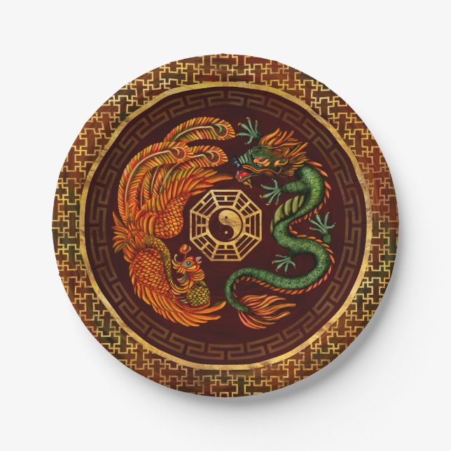 Phoenix and Dragon with bagua #1 Paper Plate (Front)