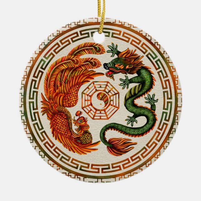 Phoenix and Dragon with bagua #3 Ceramic Tree Decoration (Front)