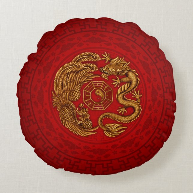 Phoenix and Dragon with bagua #4 Round Cushion (Front)