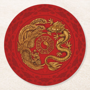 Phoenix and Dragon with bagua #4 Round Paper Coaster