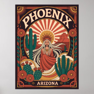 Phoenix Arizona Desert Art – Retro Boho Cactus Poster