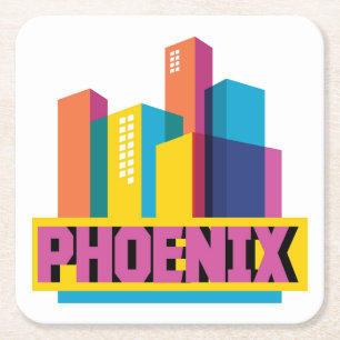 Phoenix, Arizona   Neon Skyline Square Paper Coaster
