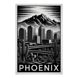 Phoenix Arizona Skyline Black White Woodcut Poster