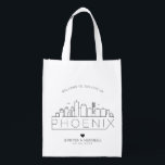 Phoenix, Arizona Wedding | Stylised Skyline Reusable Grocery Bag<br><div class="desc">A unique wedding bag for a wedding taking place in the beautiful city of Phoenix,  Arizona.  This bag features a stylised illustration of the city's unique skyline with its name underneath.  This is followed by your wedding day information in a matching open lined style.</div>