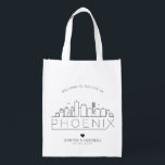 Phoenix, Arizona Wedding | Stylised Skyline Reusable Grocery Bag<br><div class="desc">A unique wedding bag for a wedding taking place in the beautiful city of Phoenix,  Arizona.  This bag features a stylised illustration of the city's unique skyline with its name underneath.  This is followed by your wedding day information in a matching open lined style.</div>