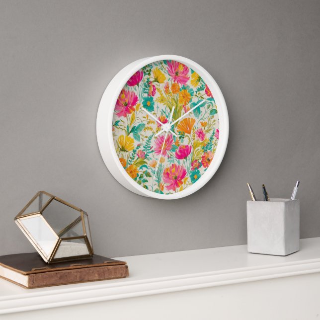 Phoenix Art | Classic Floral Pink & Orange Clock (Office)