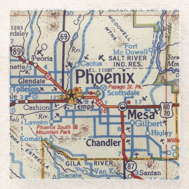 Phoenix AZ Vintage Map Glass Coaster (Front)
