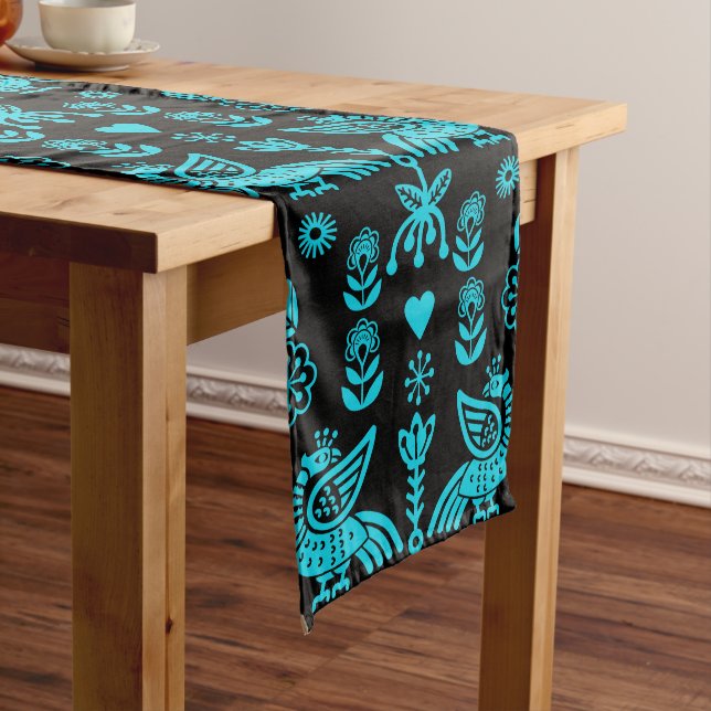 Phoenix Bird Folk Art Print Long Table Runner (In Situ)