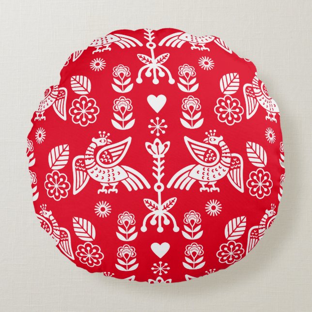 Phoenix Bird Folk Art Print Round Cushion (Front)