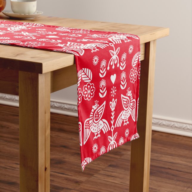 Phoenix Bird Folk Art Print Short Table Runner (In Situ)