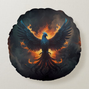 Phoenix Bird Rising with Flames Round Cushion