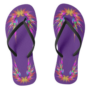 Phoenix - colourful fractal art on black flip flops