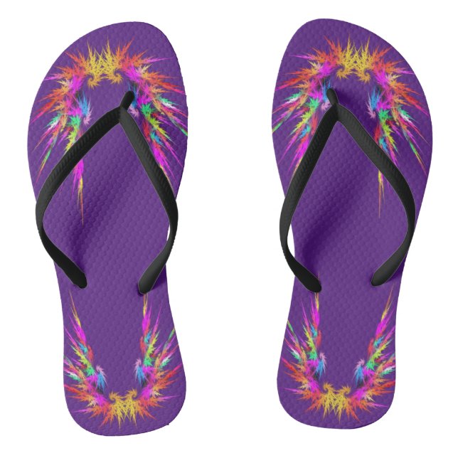 Phoenix - colourful fractal art on black flip flops (Footbed)