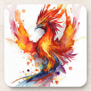 Phoenix in Flames Watercolor Design Coaster