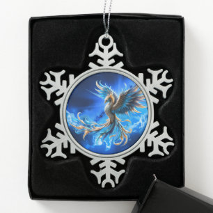 Phoenix of the Sapphire Dawn Snowflake Pewter Christmas Ornament