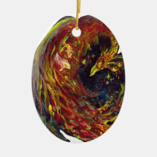 Phoenix Pheonix Red Firebird Thunderbird Flames Ceramic Tree Decoration