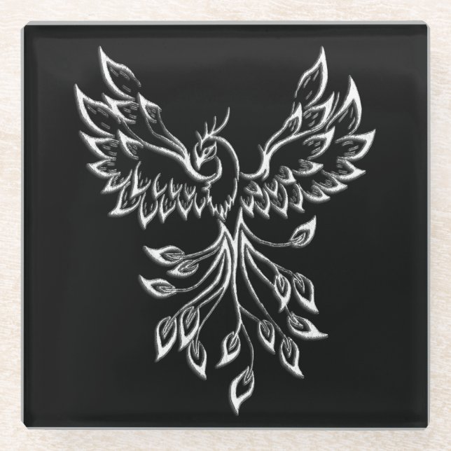 Phoenix Rises on Black Glass Coaster (Front)