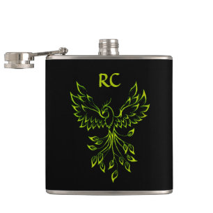 Phoenix Rises on Black Initials Hip Flask
