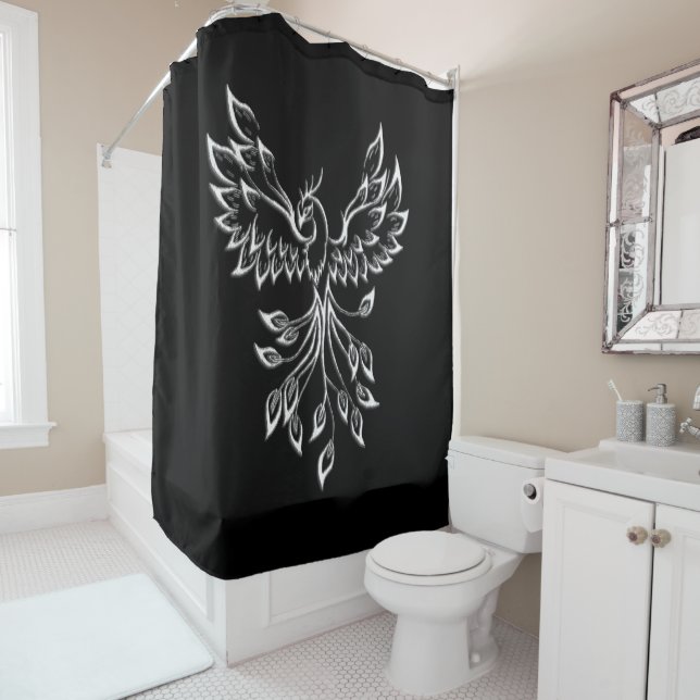Phoenix Rises on Black Shower Curtain (In Situ)