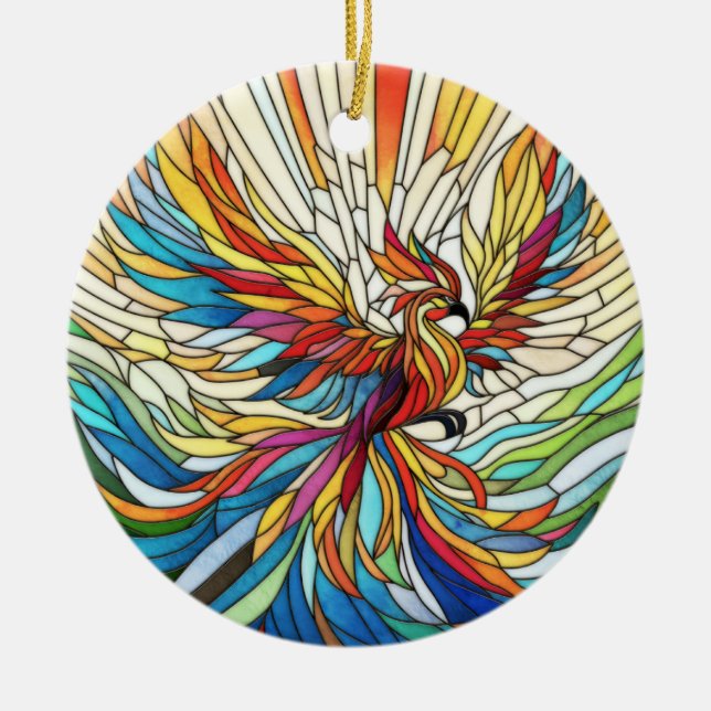 Phoenix Rising - colourful mosaic art Ceramic Tree Decoration (Front)