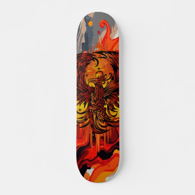 Phoenix Rising Fire Art with Gritty Paint Splash Skateboard (Front)