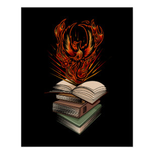 Phoenix Rising From Books Flames Fantasy Magical Poster