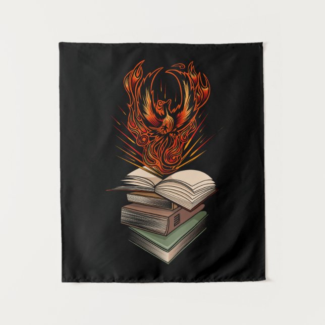 Phoenix Rising From Books Flames Fantasy Magical Tapestry (Front)
