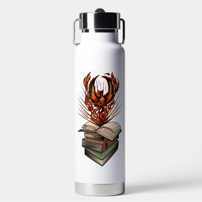 Phoenix Rising From Books Flames Fantasy Water Bottle (Front)