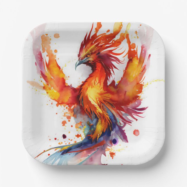 Phoenix Rising from the Flames Fantasy Watercolor Paper Plate (Front)