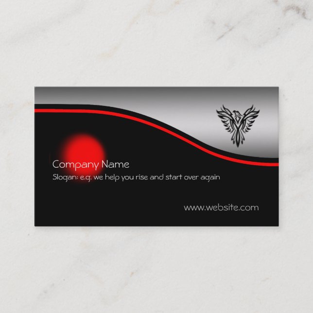 Phoenix Rising, red spot, brushed steel-effect Business Card (Front)