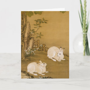 Phoenix Tree & Rabbits Antique Chinese Painting Card