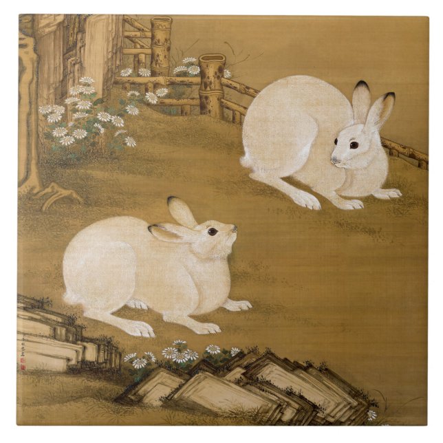 Phoenix Tree & Rabbits Antique Chinese Painting Tile (Front)