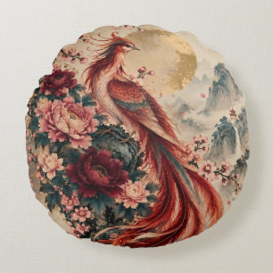 Phoenix with Peonies and Cherry Blossoms – Golden  Round Cushion