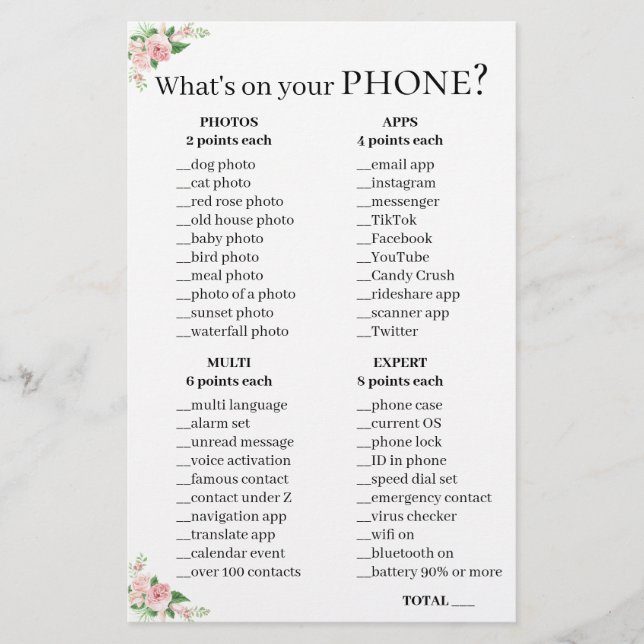 Phone Question Game 💍 Bridal Shower  (Front)