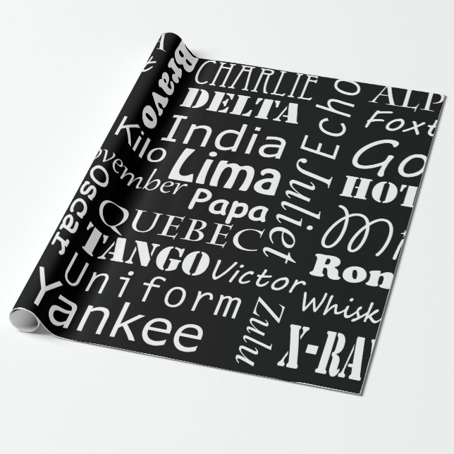 Phonetic Alphabet Black and White Pattern Wrapping Paper (Unrolled)