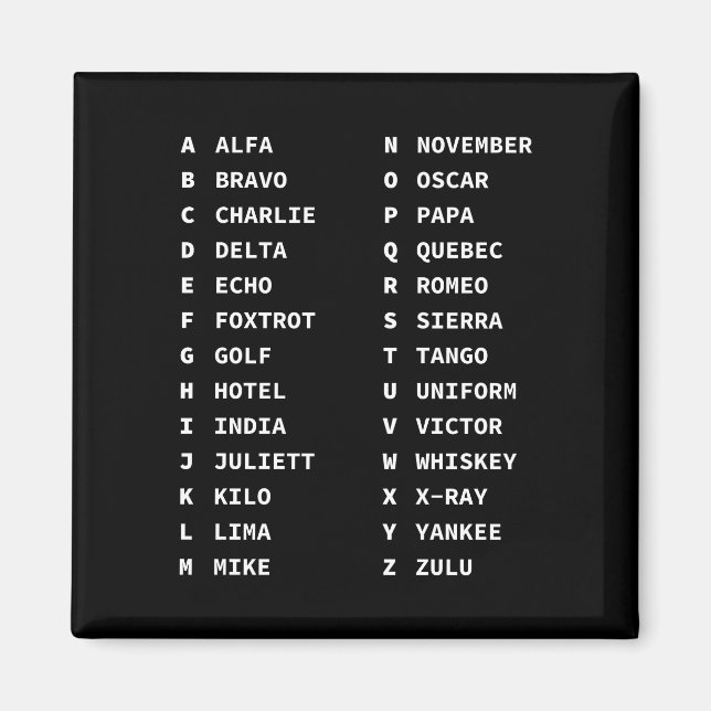 Phonetic Alphabet Code Chart Classic Black & White Magnet (Front)
